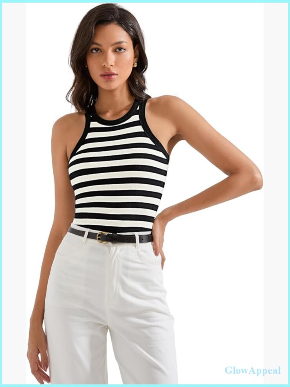 Padded Ribbed Tank Tops High Neck Racerback Built In Bra
